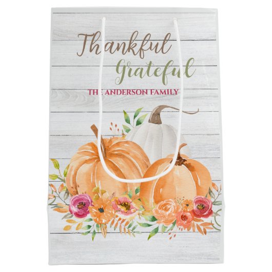 Dankbar | Autumn Fall Pumpkin Watercolor Mittlere Geschenktüte (Rückseite)