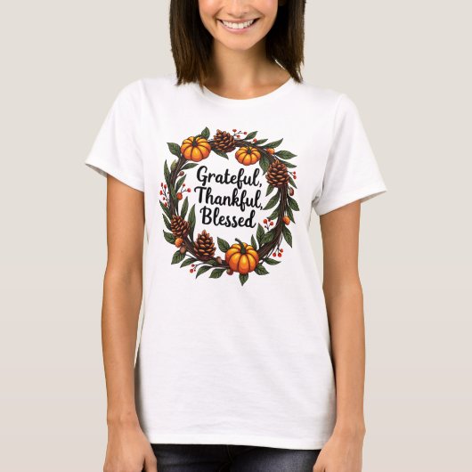 Dankbar, dankbar, gesegnet - Fall Pumpkin Kranz T-Shirt (Vorderseite)