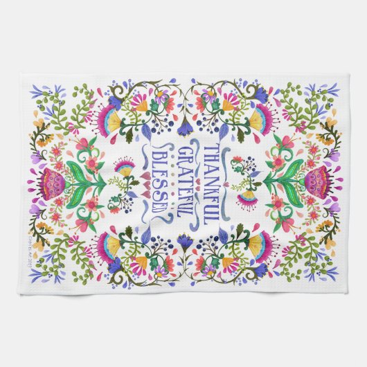 Dankbar, dankbar, gesegnet | Folk Art Blume Geschirrtuch (Horizontal)