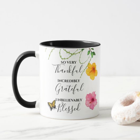 Dankbar, dankbar, gesegnet Script Nature Tasse (Mit Donut)