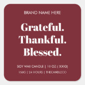 Dankbar Dankbar gesegnete Kerze | Burgunderrot Quadratischer Aufkleber (Vorderseite)