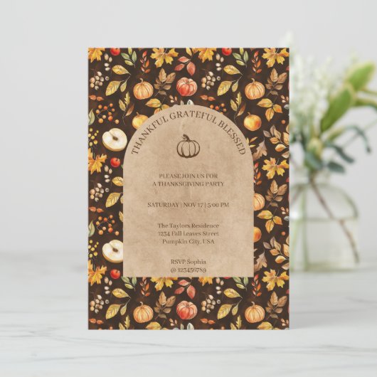 Dankbar Dankbarkeit gesegnete Erntedank Party Einladung (Stehend Vorderseite)