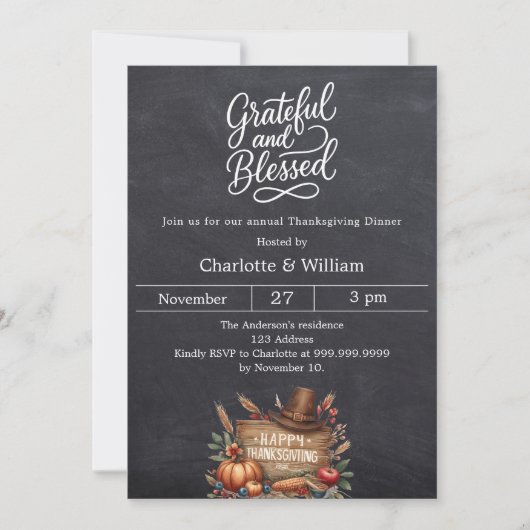 Dankbar gesegnet chalkboard Erntedank Dinner Einladung (Vorderseite)