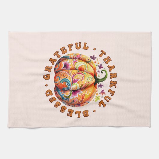 Dankbar, gesegnet, dankbar, blumenkürbis geschirrtuch (Horizontal)