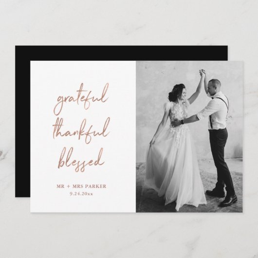 dankbar, gesegnet | Rose Gold Script Foto Dankeskarte (Vorne/Hinten)