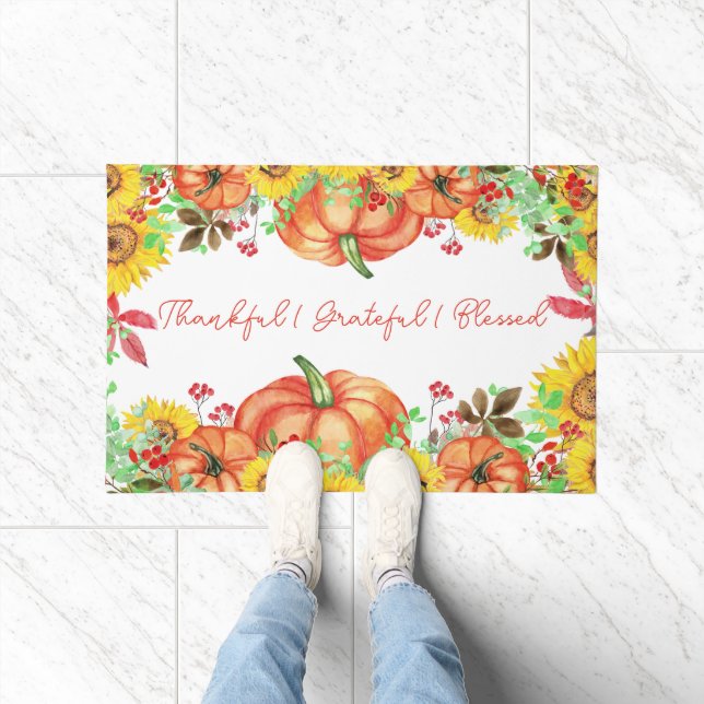 Dankbar gesegnet Rustic Pumpkin Floral Fußmatte (Indoor)