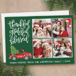 Dankbar gesegnete LKW 4 Foto Green Feiertagskarte<br><div class="desc">Modernes Kalligraphie Skript Dankbar Grateful Grateful 4 Foto Collage Holiday Card beinhaltet einen Watercolor Vintag Red Truck mit Weihnachtsbaum. Grüner Hintergrund des Waldes.</div>