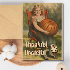 Dankbar und dankbar | Vintages Mädchen mit Pumpkin Feiertagskarte