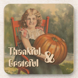 Dankbar und dankbar | Vintages Mädchen mit Pumpkin Getränkeuntersetzer