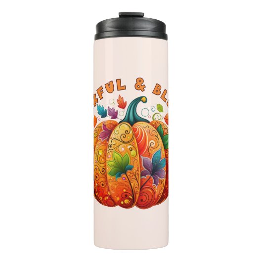 Dankbar und gesegnet Autumn Pumpkin Thermosbecher (Vorderseite)