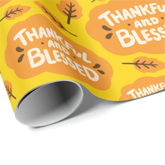 Dankbar und gesegnet Fall Orange Blätter Dunkelgel Geschenkpapier (Rolleneckpunkt)