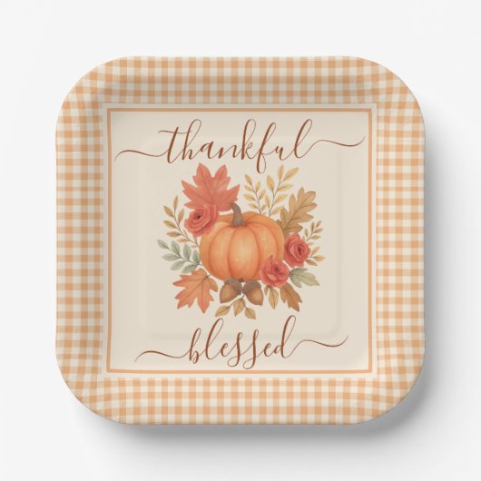 Dankbar und gesegnet Pumpkin | Fall Erntedank Pappteller (Vorderseite)