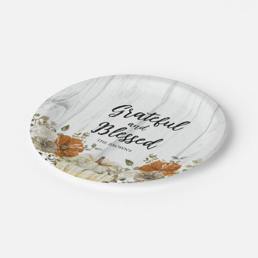 Dankbar und gesegnet Pumpkin Fall Erntedank Pappteller (Schrägansicht)