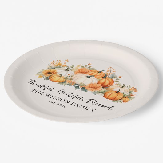 Dankbare Dankbarkeit gesegnet Fall Pumpkin Familie Pappteller (Schrägansicht)