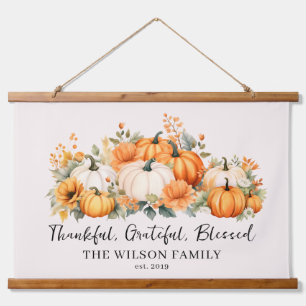 Dankbare Dankbarkeit gesegnet Fall Pumpkin Familie Wandteppich Mit Holzrahmen
