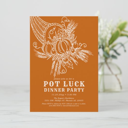 Dankbare Ernte | Pot Luck Erntedank Party Einladung (Stehend Vorderseite)