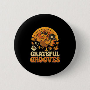 Dankbare Grooves Retro-Erntedankfest Truthahn Herb Button