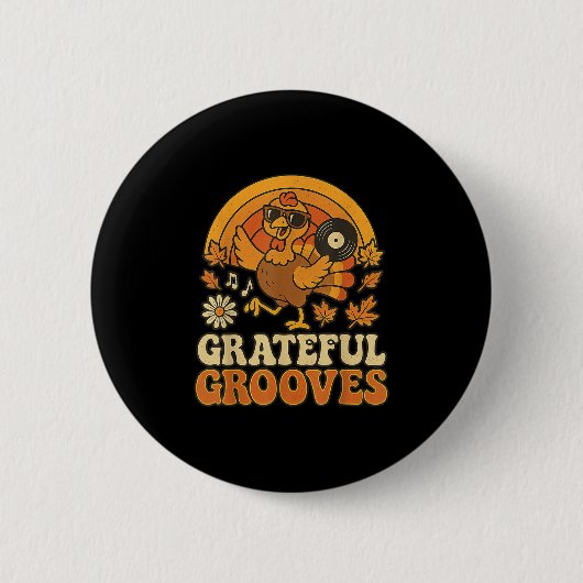 Dankbare Grooves Retro-Erntedankfest Truthahn Herb Button (Vorderseite)
