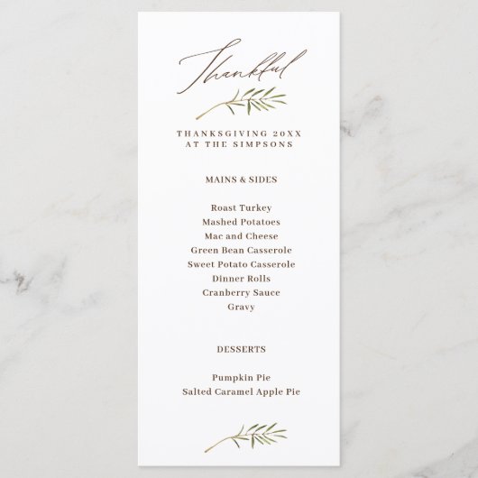 Dankbare Kalligraphie & Blätter Erntedank Menükarte (Vorderseite)