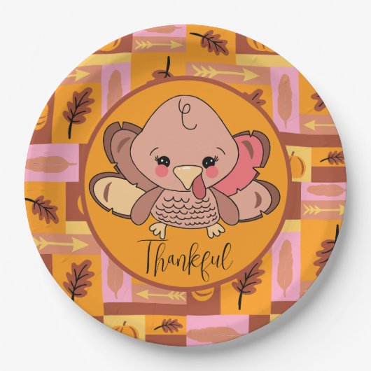 Dankbare Niedliche Türkei Erntedank Party Teller (Vorderseite)
