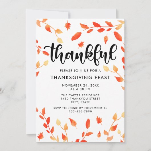 Dankbare Script Fall Foliage Watercolor Blätter Einladung (Vorderseite)