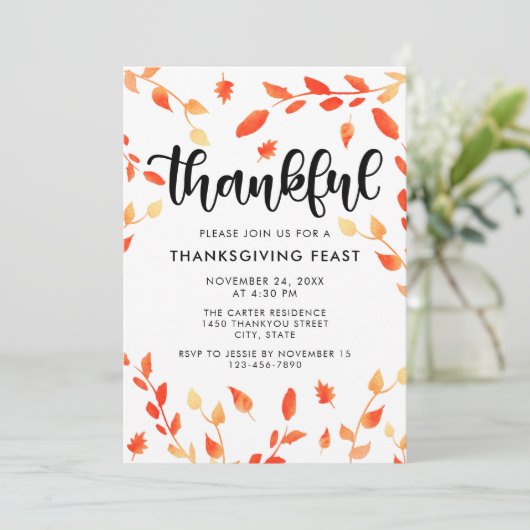Dankbare Script Fall Foliage Watercolor Blätter Einladung (Stehend Vorderseite)