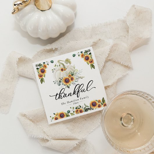 Dankbare Sonnenblumen Weißer Pumpkin-Erntedank Serviette