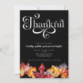 Dankbare White Script Watercolor Blätter Schwarz Einladung (Vorderseite)