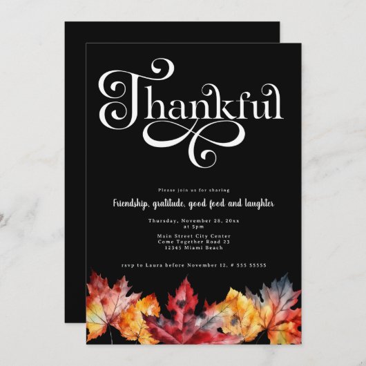 Dankbare White Script Watercolor Blätter Schwarz Einladung (Vorne/Hinten)