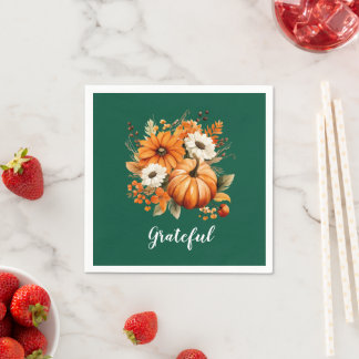 Dankbares Herbstflorales Kürbis Grün Quadrat Serviette