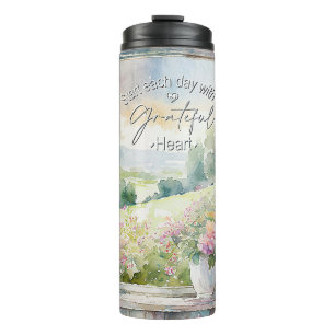 Dankbares Herz-Aquarell-Blumenfenster  Thermosbecher