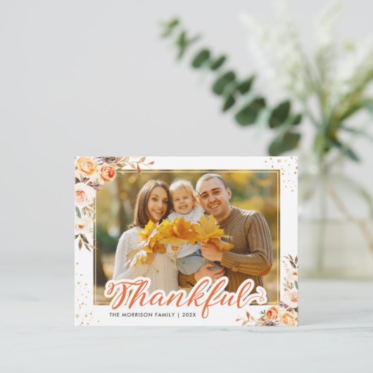 Dankbares Script Fall Floral Erntedank Foto Postkarte (Stehend Vorderseite)