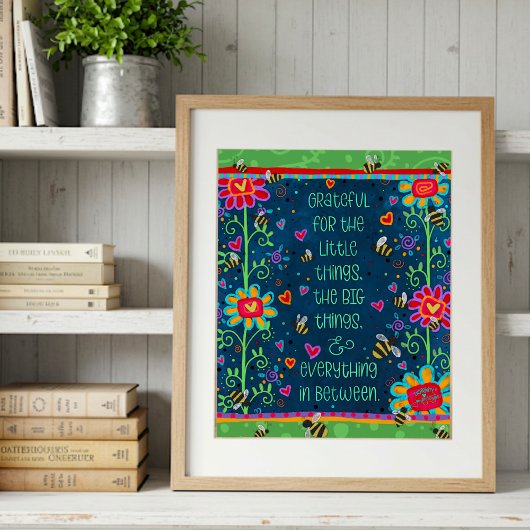 Dankbares Zitat Green Blue Floral Whimsical Art Fotodruck