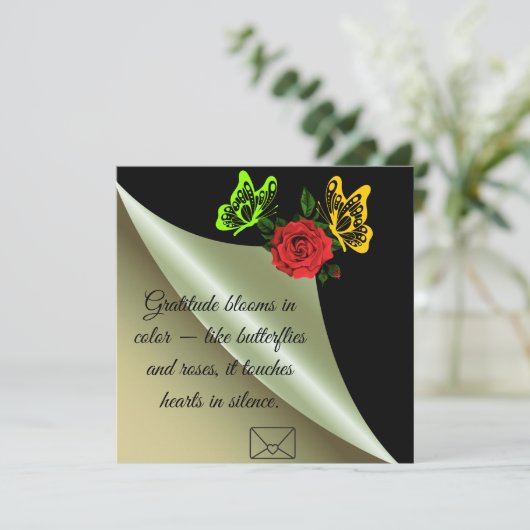 Dankbarkeit blüht in Farbe wie Schmetterlinge & Ro Dankeskarte (Stehend Vorderseite)