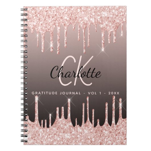 Dankbarkeit Journal Rose Gold Glitzer Schwarz Mono Notizblock (Vorderseite)