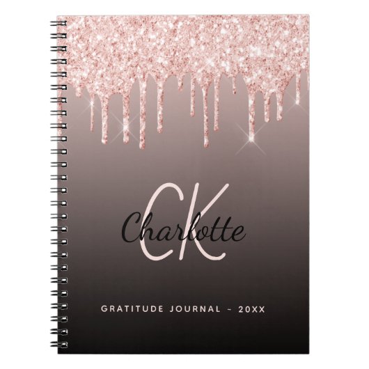 Dankbarkeit Journal Rose Gold Glitzer Schwarz Mono Notizblock (Vorderseite)