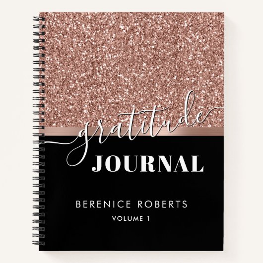 Dankbarkeit Journaling Rose Gold Glitzer Schwarzer Notizblock (Vorderseite)
