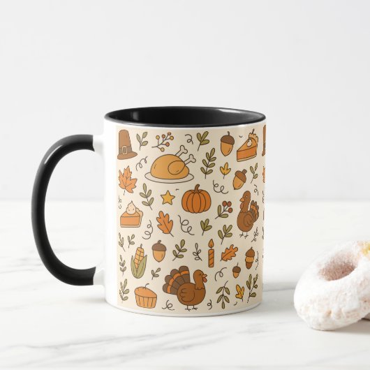 Dankbarkeits-Doodle Nahtloses Muster Tasse (Mit Donut)