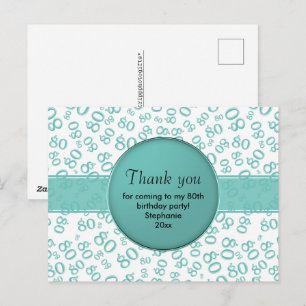 Danke 80. Teal/Weiss Geburtstags Zahlenmuster Postkarte