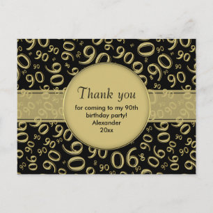 Danke 90. Schwarz/Gold Geburtstags Zahlenmuster Postkarte