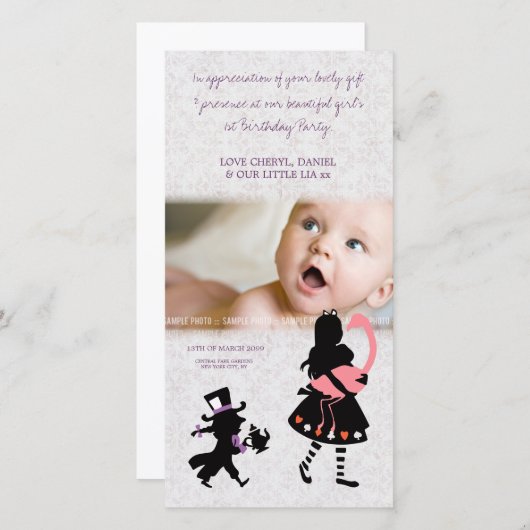 Danke Alice im Wunderland Baby Foto Card (Vorne/Hinten)