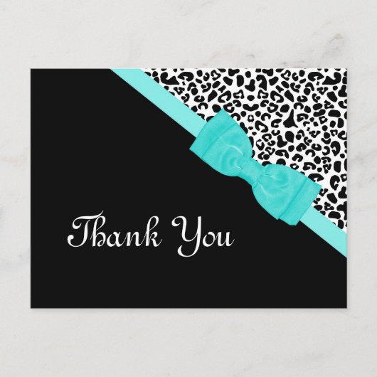 Danke an Black and White Leopard Aqua Ribbon Postkarte (Vorderseite)