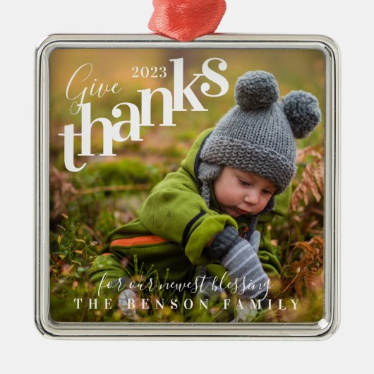 Danke an Blessings Baby Foto Gray Ornament Aus Metall (Vorne)