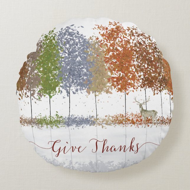 Danke an Erntedank Bäume und einsamen Hirsch Rundes Kissen (Vorderseite)