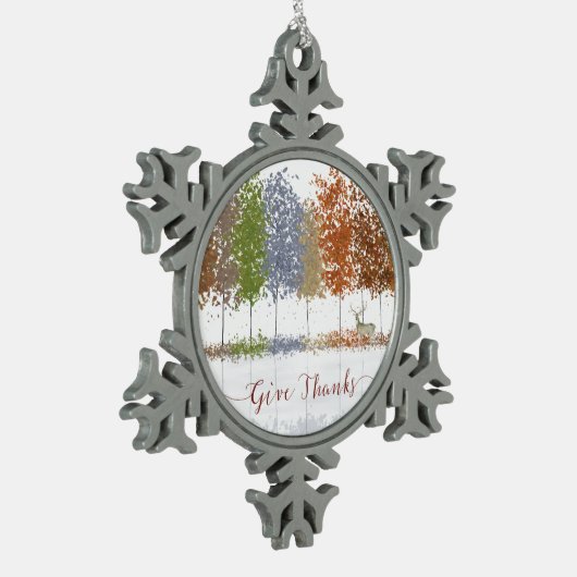 Danke an Erntedank Bäume und einsamen Hirsch Schneeflocken Zinn-Ornament (Links)