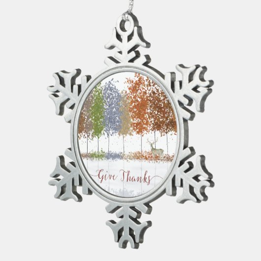Danke an Erntedank Bäume und einsamen Hirsch Schneeflocken Zinn-Ornament (Rechts)