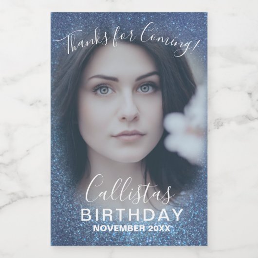 Danke an Navy Blue Glitzer Ombre Foto Birthday Weinetikett (Einzelnes Label)