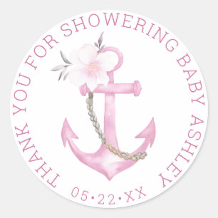Danke Anchor Nautical Pink Girl Baby Dusche Runder Aufkleber