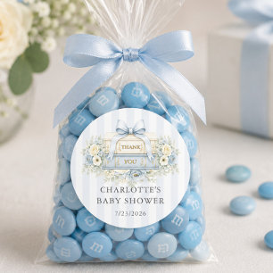 Danke-Aufkleber für Baby-Party mit blauem Streifen Runder Aufkleber