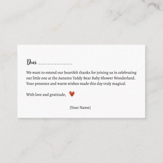 Danke! Autumn Teddy Bear Baby Dusche Begleitkarte (Rückseite)